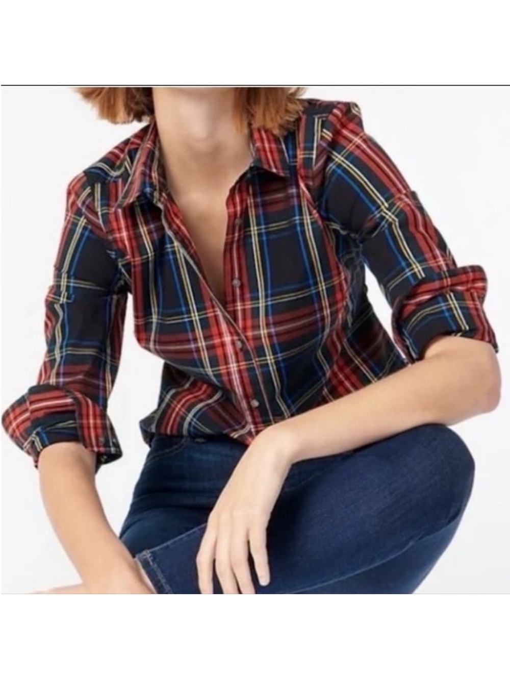 J. Crew Perfect Shirt Tartan Plaid Button Front Blouse Holiday Women’s 14 Tall
